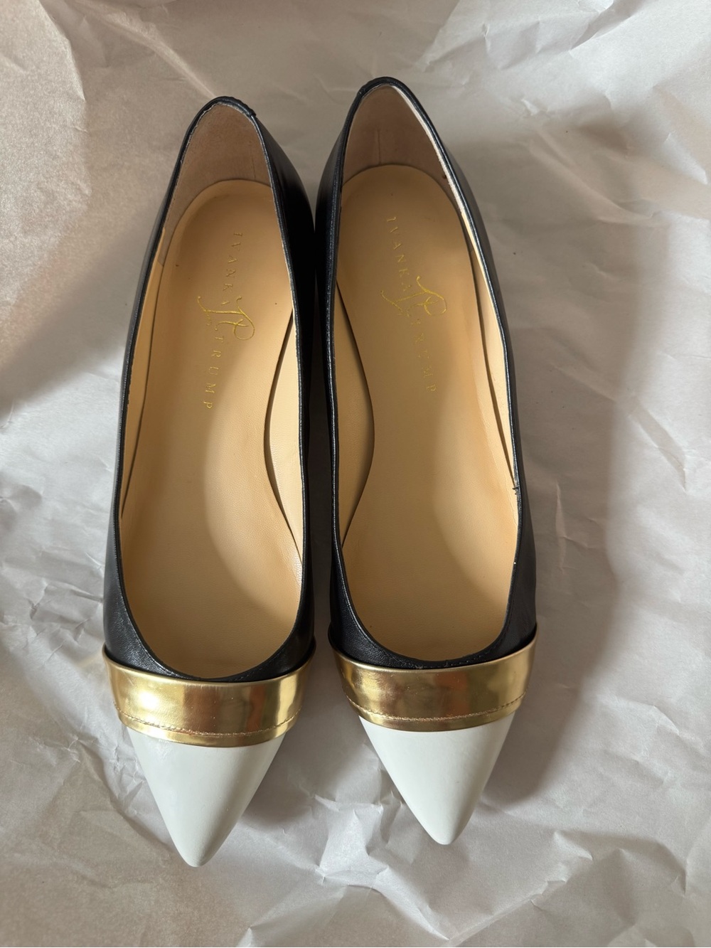 Ivanka Trump Black & White Pointed leather Flats with Gold Band